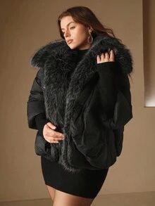 Anewsta 加大码女式奢华仿毛领针织袖厚夹克，适合秋季、秋季、冬季、外出、优雅、正式、派对、别致、新年、女式冬季外套、圣诞节、工作、毕业 - 黑色 - 查看 7