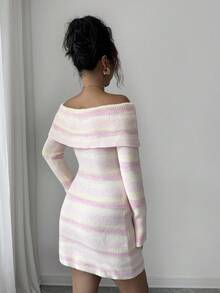 Elenzga Vestido de punto ajustado con hombros descubiertos y rayas de colores para mujer - Multicolor - Ver 2