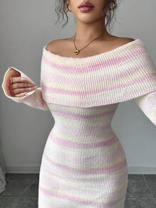 Elenzga Vestido de punto ajustado con hombros descubiertos y rayas de colores para mujer - Multicolor - Ver 4