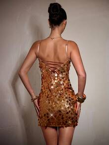 SHEIN BAE 女士香槟色亮片装饰细肩带迷你连衣裙，鸡尾酒会俱乐部服装，适合派对、正式活动、庆典、节日庆典、万圣节、圣诞节 - 香檳色 - 查看 2