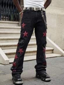ROMWE MEN Street Life Men's Star Embroidered Layered Denim Jeans - Black - View 8