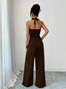 Selianne Women's Elegant Wavy Halter Wide Leg Jumpsuit, Suitable For Commuting, Dating, And Vacation - Brown - View 3