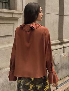 DAZY Solid Color Loose Ruffle Tie Flare Sleeve Elegant Vintage Women Blouse, Autumn/Winter Long Sleeve Top School - Red - View 2