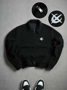 PAVTROS Men's Simple Black Corduroy Jacket , Men Zip Up Jacket , Jersey Jacket , Black Corduroy Jacket , Cropped Zip Up Jacket , Streetwear, Jersey Zip Up Jacket, Grunge, Fall/Winter