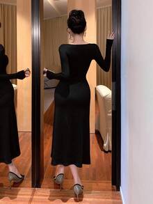 DAZY Women's Beaded Hollow-Out Long Sleeve Cinched Waist Fitted Elegant Dress Prom Dress Sweater Dress