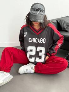 Teen Girls Colorblock Numeric Print Long Sleeve Knit Sweatshirt And Side Pocket Drawstring Cargo Pants 2-Piece Set, Casual Active Outfit - Multicolor - View 7