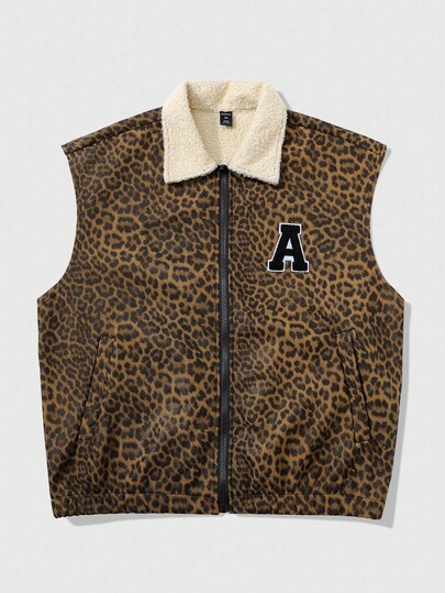 Street Life Men's Street American Leopard Print Letter Patch Faux Shearling Vest