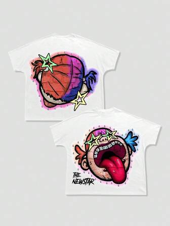 Street Life T-shirt à manches courtes col rond imprimé graffiti de bande dessinée pour hommes