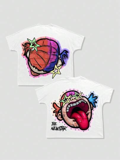 Street Life Camiseta de manga corta con cuello redondo y estampado de grafiti de dibujos animados para hombres