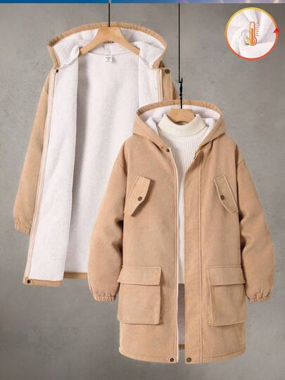 SHEIN 一件装青少年男童休闲运动学院风连帽外套，带毛条装饰，复合绒里加厚中长款，黑色，百搭实用，适合返校、生日派对、晚宴、演出、开幕式等场合，日常穿着舒适，适合上学、运动，也适合秋冬季节。