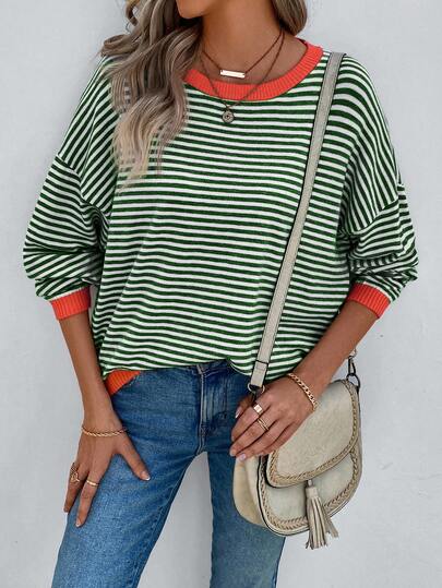 EMERY ROSE Striped Pattern Contrast Trim Drop Shoulder Sweater Autumn Winter Clothes For Women