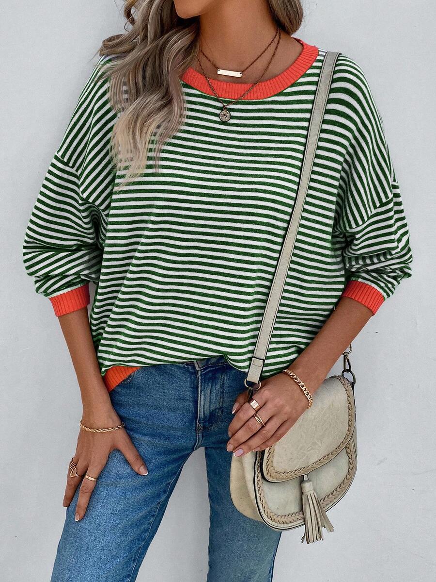 EMERY ROSE Striped Pattern Contrast Trim Drop Shoulder Sweater Autumn Winter Clothes For Women - Green - View 1