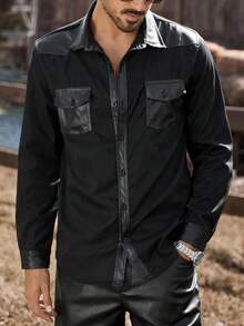 Manfinity Nomadique 男士西式口袋设计长袖单排扣休闲衬衫，秋季 - 黑色 - 查看 2