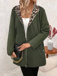 SHEIN Clasi Reversible Leopard Print Casual Zip-Up Long Sleeve Jacket For Women,Fall,Cheetah Print - Army Green - View 6