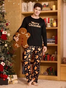CoupledUp Conjunto de Pijama Confortável de Casal com Estampa de Biscoito de Gengibre e Doces Coloridos, Gola Careca, para Homens - Preto - Visão 5