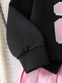 SHEIN 2pcs/Set Young Girls School Style Sweatshirt With Pleated Skirt, Black Collar Sweatshirt With Letter Print, Pink Pleated Skirt Fall Winter - Black - View 5