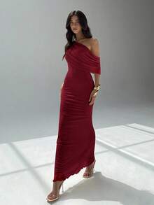 Aloruh Asymmetric Neckline Minimalist Solid Color Fitted Dress For Women,Prom Dress,Fall Wedding Guest Dress,Wedding Guest Dress Women