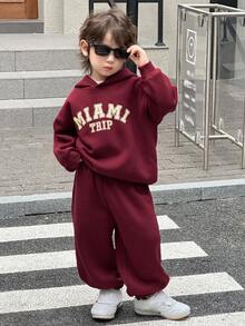 DAZY 儿童秋季服装 男童抓绒卫衣套装，休闲宽松字母印花街头风，秋季 - 酒紅色 - 查看 4