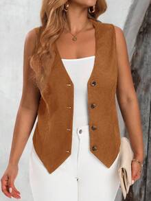 EMERY ROSE Áo khoác blazer không tay màu trơn đơn giản cài nút phía trước cỡ lớn - màu nâu - Xem 3