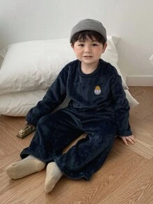 DAZY 2pcs/Set Baby Boys' Comfortable Casual Homewear Set, Round Neck Fall,Winter Thermal Lined Toddler - Navy Blue - View 6