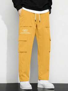Claim Dot 男式标语图案翻盖口袋侧抽绳腰工装裤，秋季 - 黃色 - 查看 3