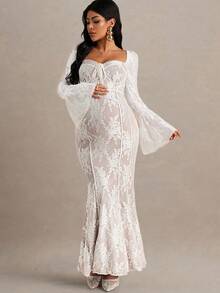 MaterniChic Autumn And Winter  Maternity Floral Lace Sweetheart Neck Flare Sleeve Fitted Mermaid Hem Elegant Dress - Dusty Pink - View 8