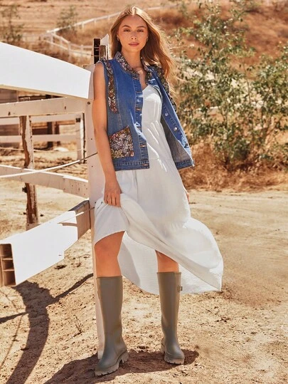 WESTFADE 混合材质牛仔布与花卉挂毯提花荷叶边领口纽扣前褶边超大无袖背心休闲可爱秋季波西米亚风上衣乡村西部服饰音乐会