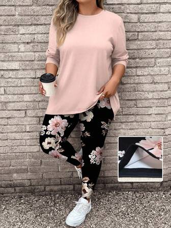 EMERY ROSE 2st/set Plus storlek kvinnor blommönster Rosa långärmad topp och yogabyxor, passande för höst och vinter