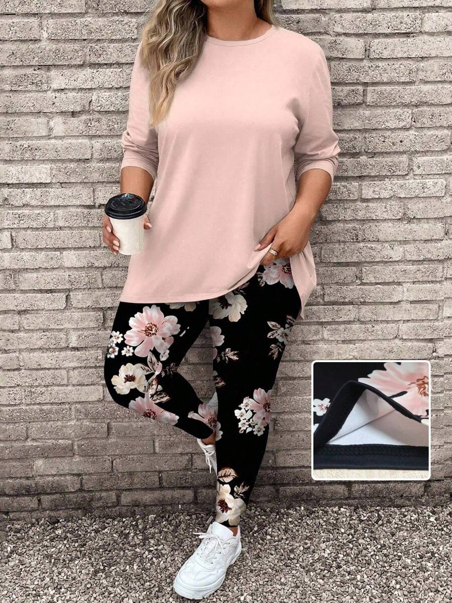 EMERY ROSE 2 件套大码女式花卉图案粉色长袖上衣和瑜伽裤套装，适合秋冬季 - 藕粉色 - 查看 1