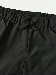 Girlism 青少年女孩纯色圆领针织腰部褶皱弧形下摆合身字母和数字印花休闲学院风 T 恤上衣和褶皱工装裤套装 - 灰色 - 查看 3