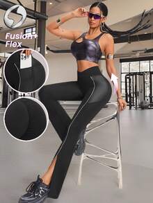 Innovista Women's Faux Leather Sports Flare Leggings,High Waist Tummy Control Sculpting Shapewear,Dry Fit Gym Workout Pants With Pocket,Edgy Activewear Bottom - Black - View 3