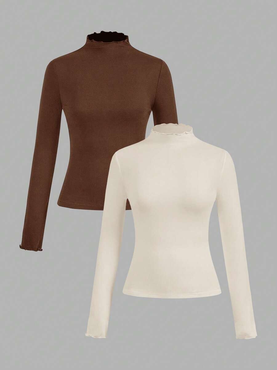 SHEIN EZwear 2件套米色和棕色休闲修身长袖T恤，秋冬 - 彩色 - 查看 1