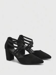 CUCCOO BIZCHIC Women's Fashion Black Elastic Strap Pointed Toe Chunky High Heel Pumps, Suitable For Commute, Date, Party, Wedding, Holiday For Christmas Spring Shoes - Black - View 2