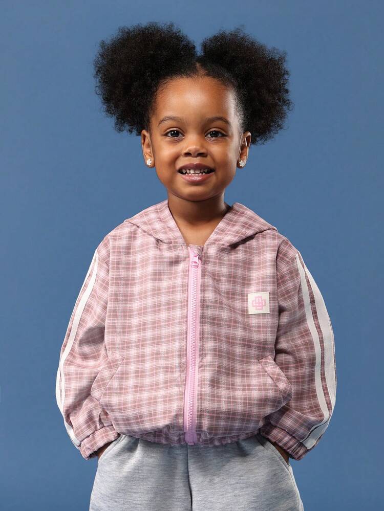 Pink Plaid Bomber Jacket With Hood And Side Pockets