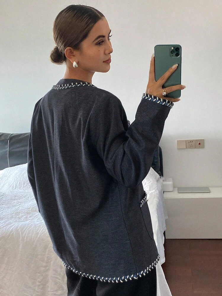 2pcs Women Elegant Lace Trim V-Neck Sleeveless Vest & Loose Long Sleeve Jacket Set, Autumn/Winter