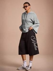 Streetz SHEIN Sport 女式休闲宽松纯色连帽运动卫衣 - 灰色 - 查看 3