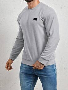 Manfinity Homme Loose Fit Men's Letter Patched Detail Sweatshirt, Fall Grey Sweatshirt, Long Sleeve Top - Light Grey - View 6