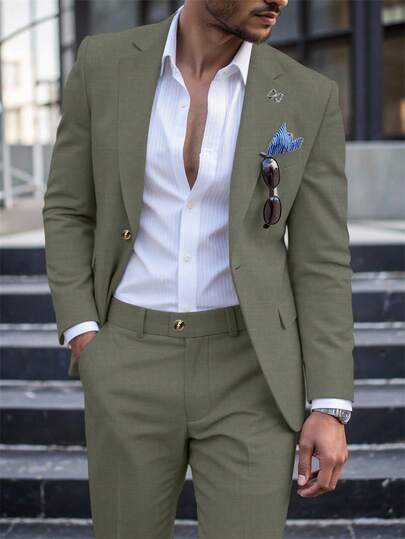 Calvornis Men's Casual Business 2 Pieces Suit, Solid Color Suit Set Jacket And Pants, Simple Fashion Casual Daily Wear Wedding Suit Prom Suit Men, Suitable For Valentine's Day Anniversary And Other Occasions, It Is A Great Gift For Your Boyfriend Or Husband. Men Beige Suit Men Green Suit Men Khaki Suit Olive Green And Gold For Men Men Summer Suits