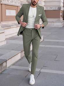 Calvornis Men's Casual Business 2 Pieces Suit, Solid Color Suit Set Jacket And Pants, Simple Fashion Casual Daily Wear Wedding Suit Prom Suit Men, Suitable For Valentine's Day Anniversary And Other Occasions, It Is A Great Gift For Your Boyfriend Or Husband. Men Beige Suit Men Green Suit Men Khaki Suit Olive Green And Gold For Men Men Summer Suits