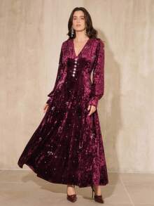 Luxury Rhinestone Embroidered Floral Velvet V-Neck Maxi Dress, Elegant For Fall, Winter, New Year, Party, Wedding - Multicolor - View 5