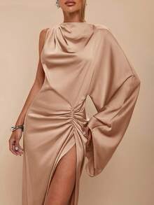 COSMINA Vestido elegante de fiesta de unicolor con abertura alta para mujer - Albaricoque - Ver 3