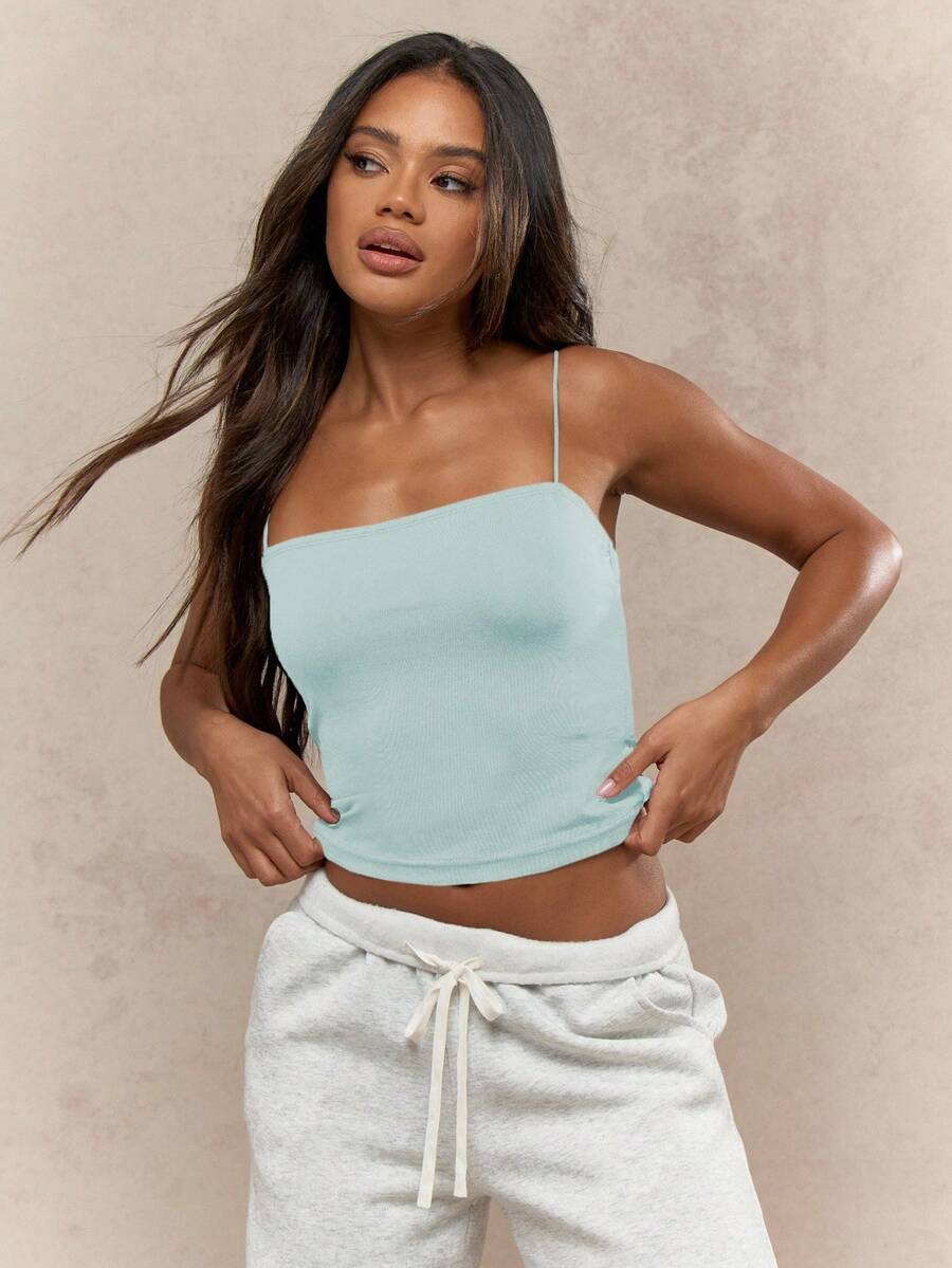 MISSGUIDED Pastel Summer Thin Strap Cami Top Basic Essential Ribbed Tank Cropped Length Spaghetti Strap Vest Soft Stretch Holiday Beach Festival Crop Top Layering Basic - Mint Blue - View 1