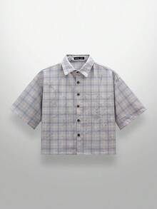 NEON BLANC Men's Street Fashion Woven Rhinestone Spider Web Plaid Short Sleeve Shirt - Grey - View 2