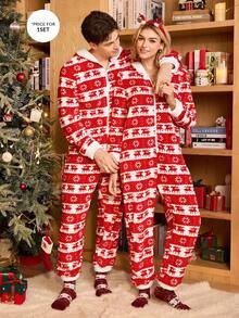 CoupledUp Coupled Up Thick Christmas Print Fuzzy Hooded Long Sleeve & Pants Jumpsuit Sleepwear For Men, Autumn/Winter, Fall Winter Christmas Fluffy Couple Fluffy Christmas
