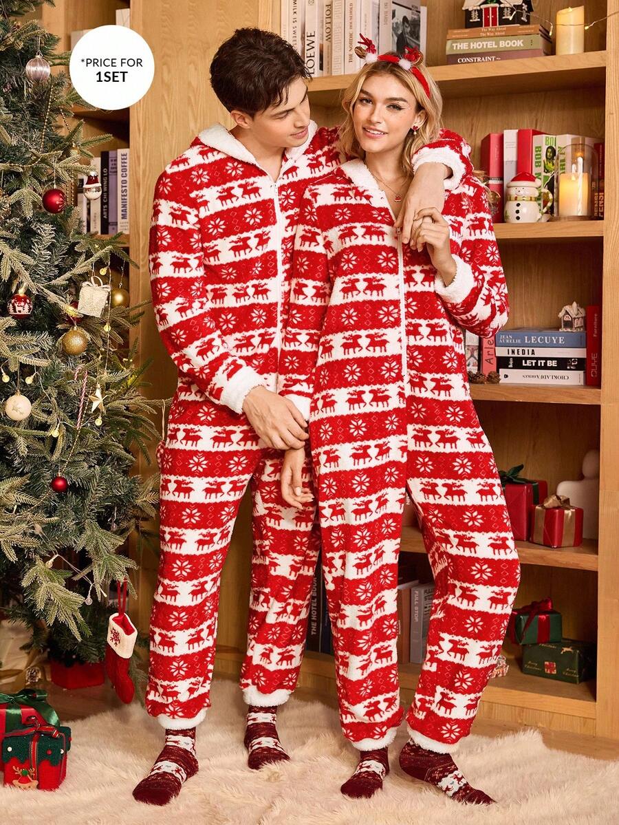 CoupledUp Coupled Up Thick Christmas Print Fuzzy Hooded Long Sleeve & Pants Jumpsuit Sleepwear For Men, Autumn/Winter, Fall Winter Christmas Fluffy Couple Fluffy Christmas