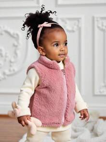 SHEIN 1pc Infant Girl Fashionable, Simple & Cute Pink Furry Vest Jacket, Suitable For Daily School Wear, Spring/Autumn/Winter Fall - Pink - View 3
