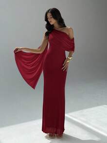 Aloruh Asymmetric Neckline Minimalist Solid Color Fitted Dress For Women,Prom Dress,Fall Wedding Guest Dress,Wedding Guest Dress Women