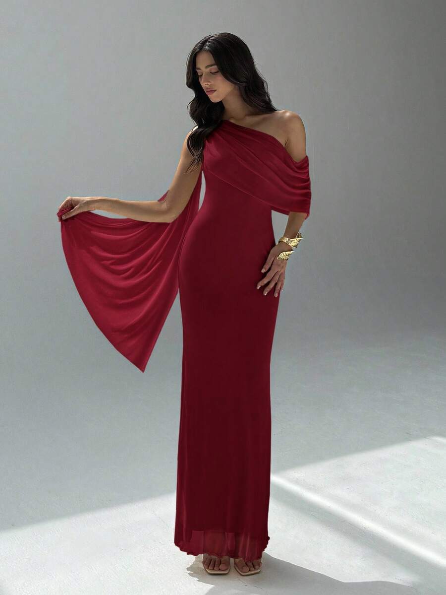 Aloruh Asymmetric Neckline Minimalist Solid Color Fitted Dress For Women,Prom Dress,Fall Wedding Guest Dress,Wedding Guest Dress Women