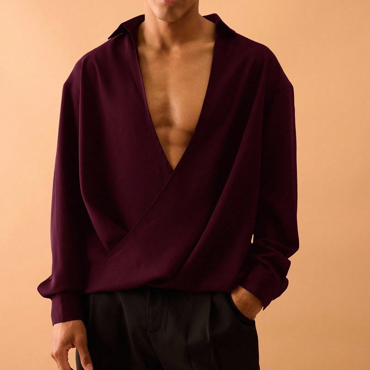 Blusa de manga larga con efecto drapeado de gasa, estilo inteligente y de calle para vacaciones, primavera y verano