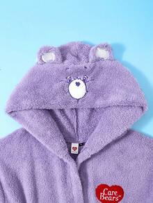 SHEIN X Care Bears 加大码卡通刺绣连帽浴袍，腰部系带，长袖浴袍，蓬松柔软的冬季圣诞紫色珊瑚绒保暖浴袍，舒适保暖